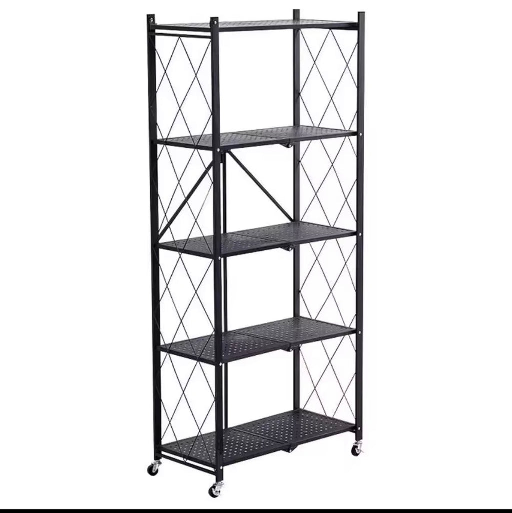 4 5 Tier Foldable Storage Shelves With Wheels, Large Capacity Shelving Unit, Freestanding Metal Wire Shelf Rack, No Assembly